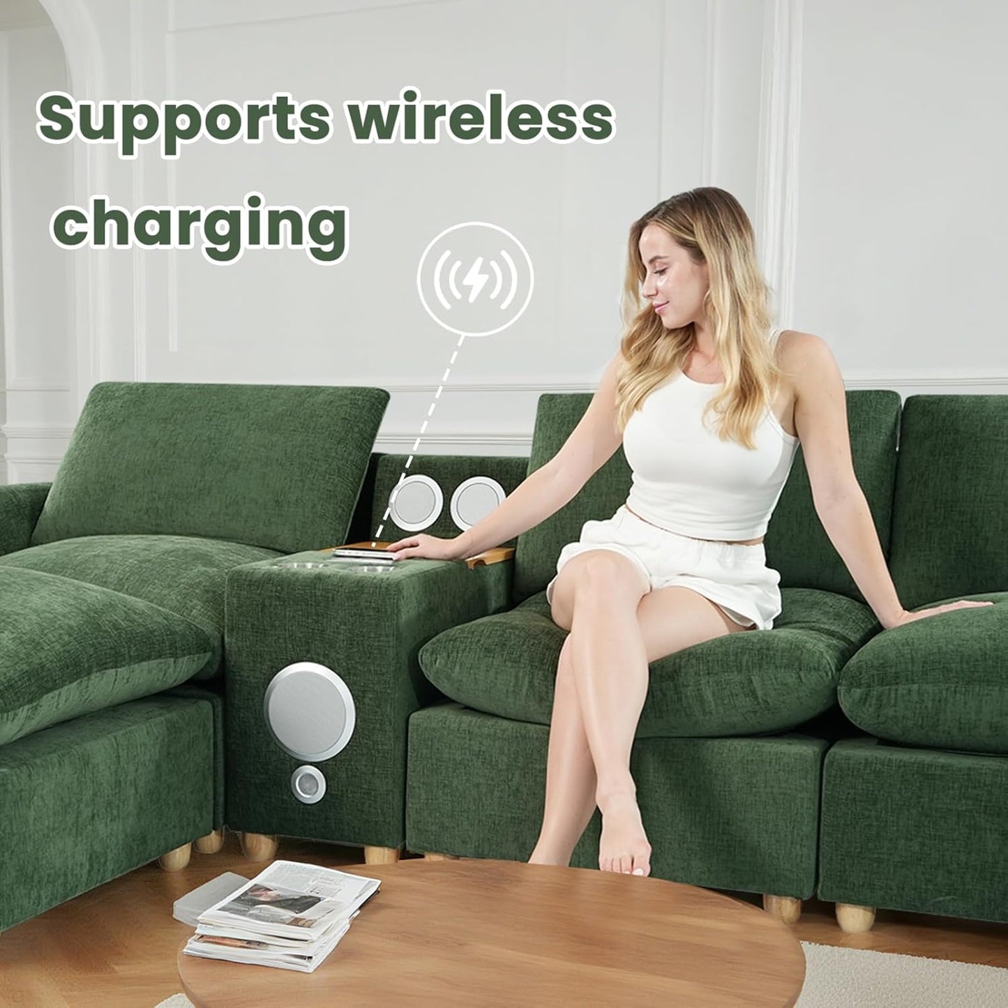 Brelice Modular Sofa Console with Wireless Charging & Bluetooth Speaker - All-in-One Armrest Organizer with Wired Charging, Storage Tray, Volume Control for Sectional Couch, Living Room