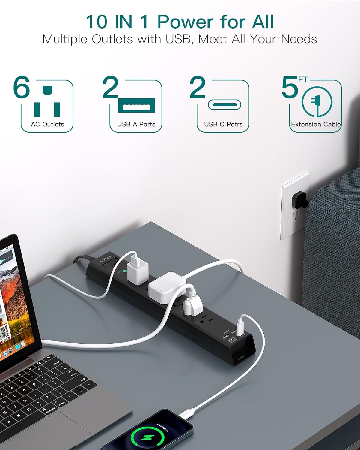 Flat Plug Extension Cord, Addtam 5Ft Surge Protector Power Strip with 6 AC Outlets 4 USB, Wall Mount, Desk Charging Station for Office School College Dorm Room Essentials, ETL Listed