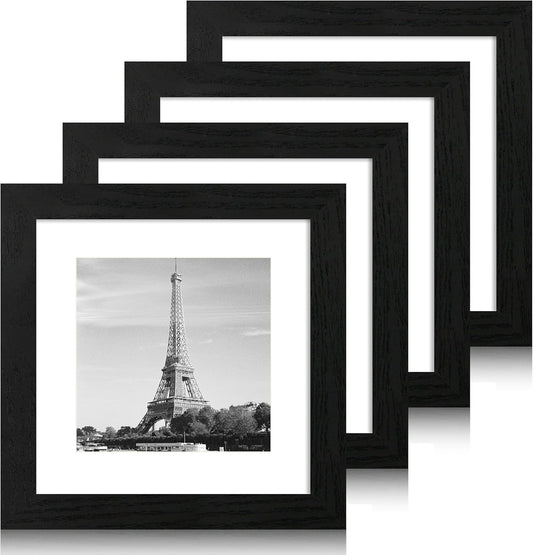 iRahmen 8x8 Picture Frames Set of 4 with High Definition Real Glass, Black Frames Display 6x6 Picture with Mat or 8x8 Without Mat, Wood Square 8 x 8 Photo Frame for Wall Mount and Tabletop Display