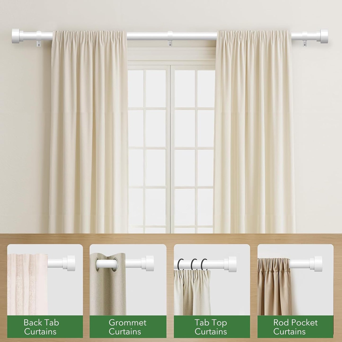 Curtain Rods for Windows 72 to 144, 1 Inch Adjustable White Extra Long Heavy Duty Curtain Rod for Patio Bedroom, Modern Style Indoor Outdoor Window Drapery Rods with End Caps, Size 32" - 150"