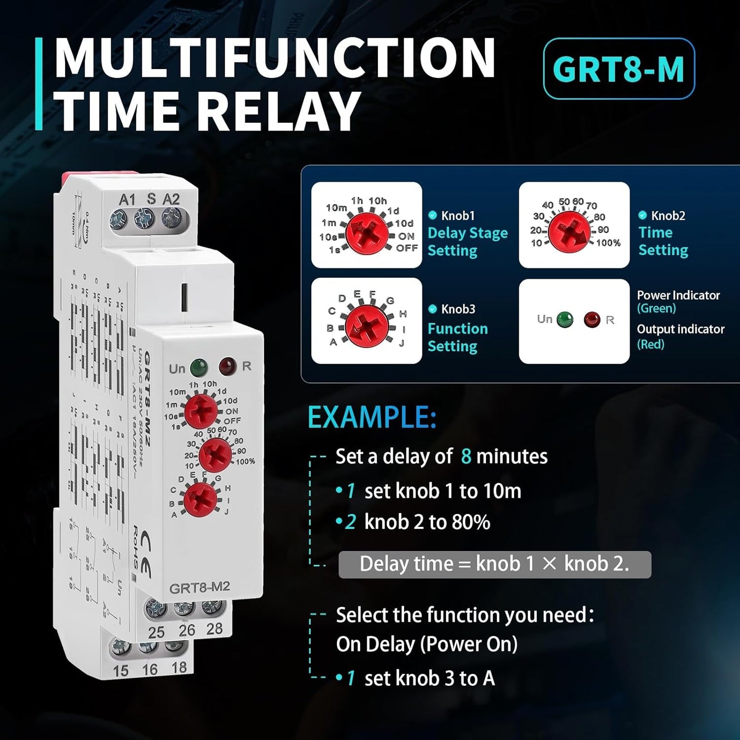 GRT8 M2 Multifunction Time Relay Module 16A 2 Outputs, AC230V Adjustable Delay Timer, 0.1s-10 Days Wide Time Range Delay AC230V Factory Automation Time Relay Universal Voltage DIN Rail
