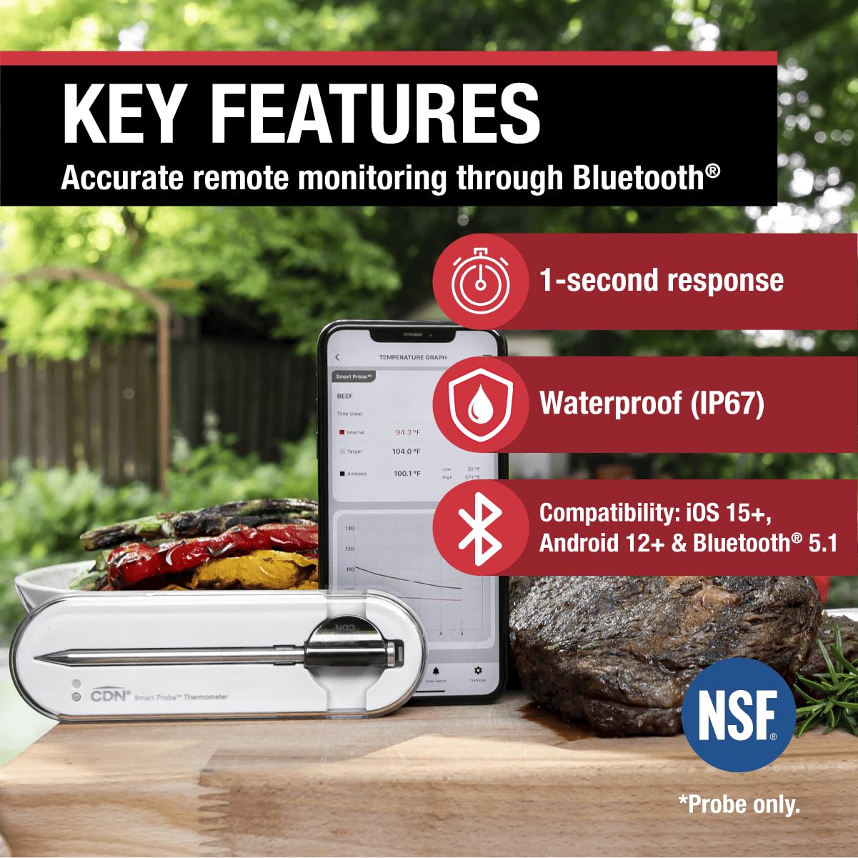 CDN Smart Probe Bluetooth Meat Thermometer | Wireless Digital Thermometer with NSF Certified Probe | Remote Temperature Monitoring via App for iOS & Android | for Oven, BBQ, Grill, Smoker | STP212