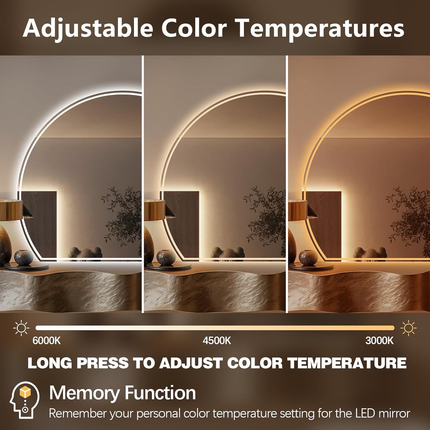 Niccy Half Moon Led Mirror for Bathroom, 28" Semi Round Backlit Mirror for Wall Lighted Mirror with Frameless 3 Color, Defogger, Explosion-Proof, HD Glass and IP65 Vanity Mirror