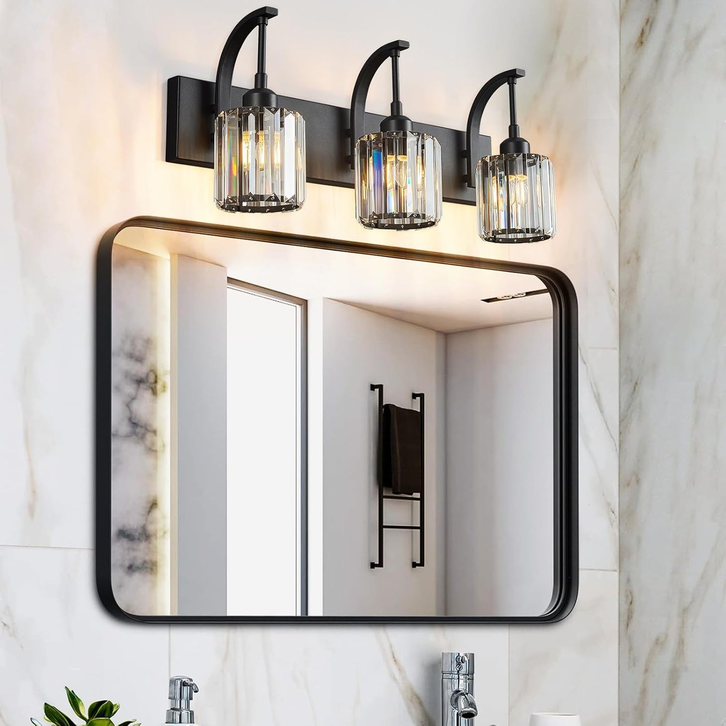 3-Light Crystal Vanity Light, Modern Black Bathroom Wall Sconce with K9 Crystal Shades, 23.62" Long Over Mirror Lighting for Vanity, Makeup, Hallway, Elegant & Durable