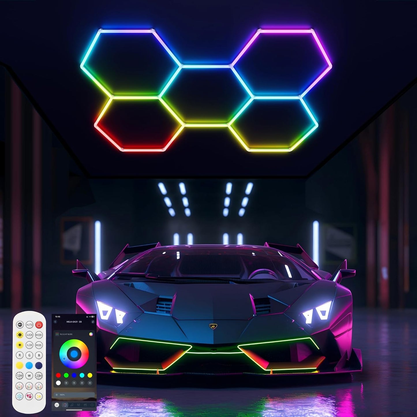 RGB Hexagon Garage Lights 240W - 356 Colors Mode w/Music Sync, 24 Pack Bright LED Honeycomb Panels for Garage, Barber, Home Theater, Game Room & Man Cave