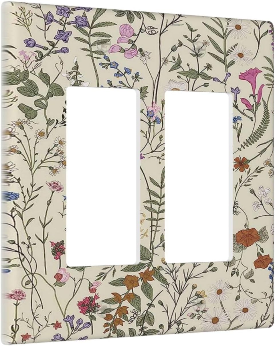 Decorative Outlet Covers Rustic Beige Wildflower Flowers 2 Gang Wall Plate Double Rocker Two Switch Wall Cover Plate Jumbo Dual GFCI Faceplate for Country Bedroom Home Decor