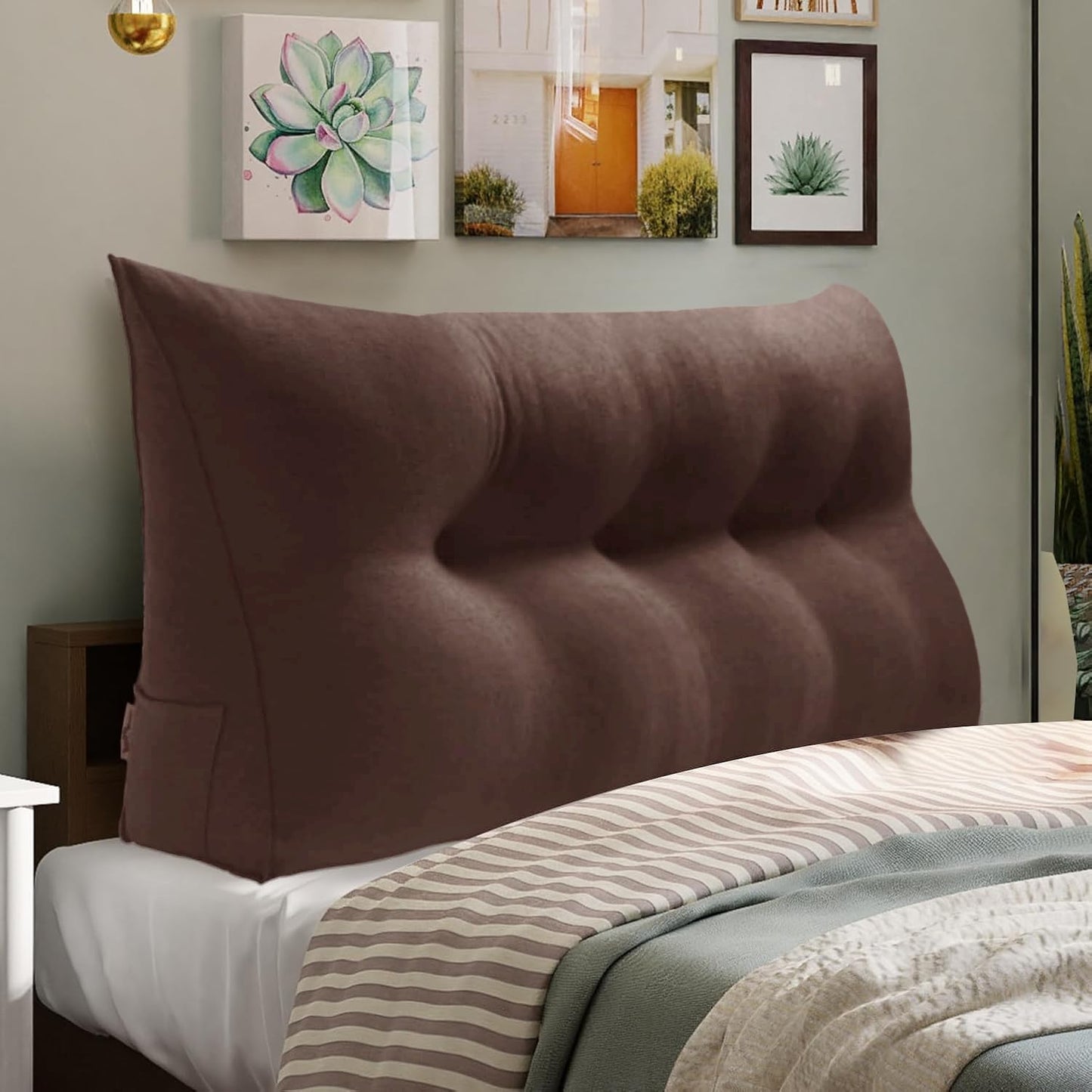 WOWMAX 85% Linen 15% Cotton Blend Headboard Pillow – Twin Size Reading Wedge Backrest for Bed, Handmade Firm Support Bolster Cushion with Removable Cover, Premium Bed Rest Pillow, Brown