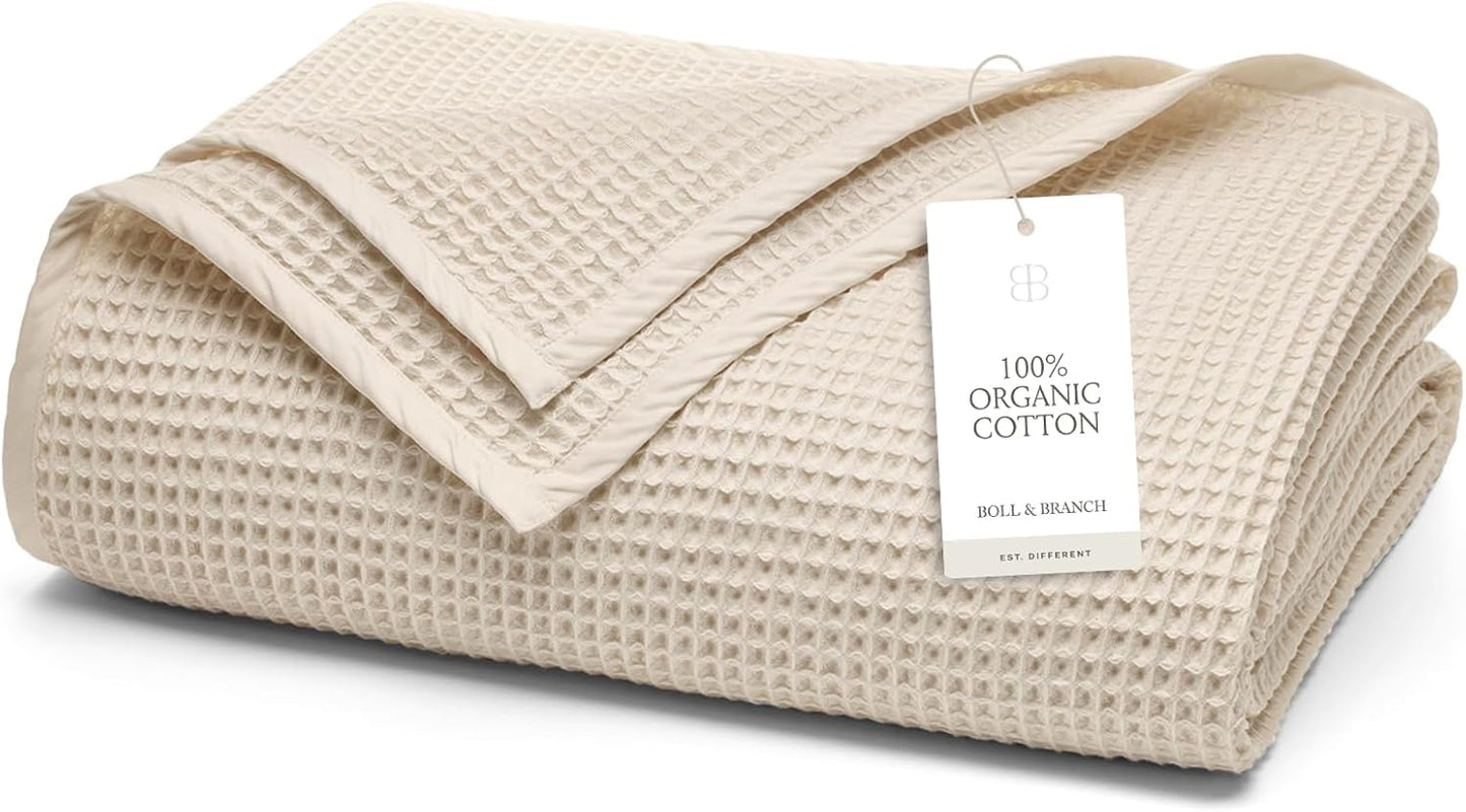 BOLL & BRANCH Waffle Bed Blanket - Twin/Twin XL, Natural - Luxury 100% Organic Cotton - Soft, Lightweight and Breathable - Textured Waffle Weave Design