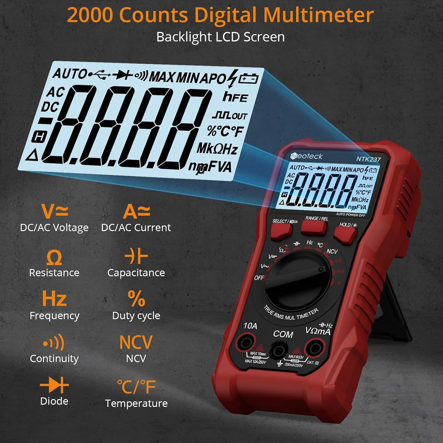 Neoteck 2000 Counts Digital Multimeter Voltmeter Tester with NCV, LCD for AC/DC Voltage&Current, Resistance, Capacitance, Live Wire, Frequency, Temperature, Duty Cycle, Continuity, Diode Measuring-Red