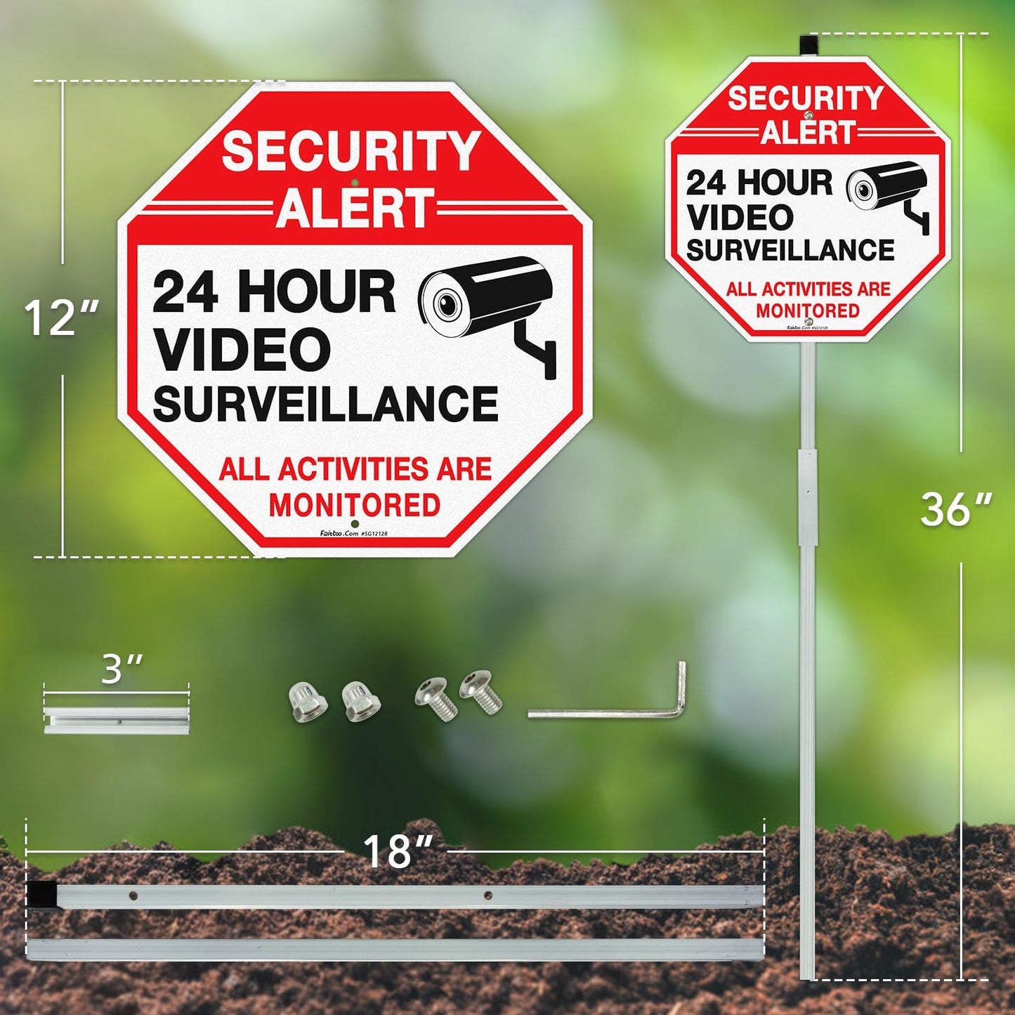 Faittoo Security Sign Video Surveillance Sign with 36" Stake for Outside, 12"x12" Rust Free Heavy Aluminum, Reflective, Fade Resistant, 2 pre-drilled holes, Includes Matching Screws & Wrench