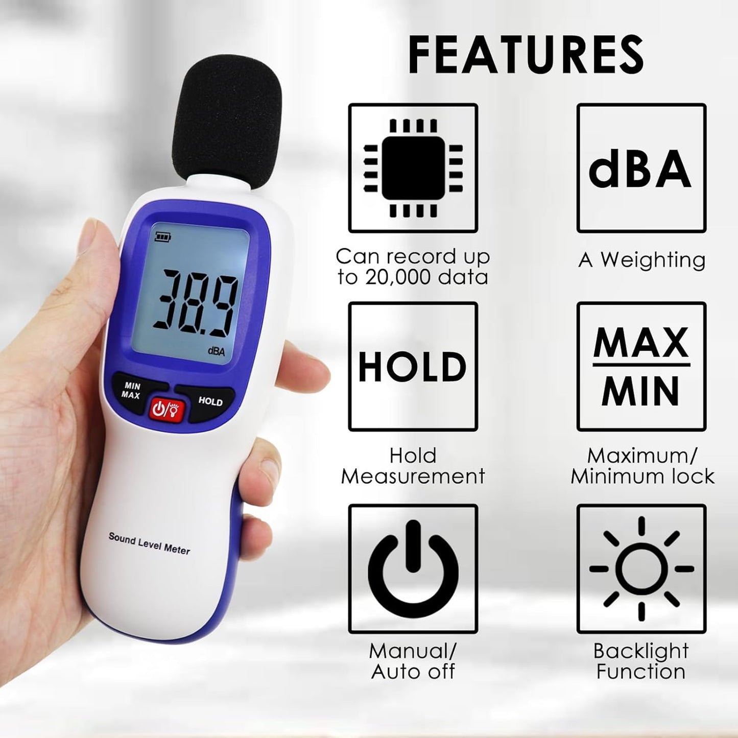 Decibel Meter Data Logger Bluetooth Sound Decibel Meter, Compatible with Smartphone for App Data Records 30dB to 130dBA Sound Level Meter Portable SPL Meter for Classroom Home Office