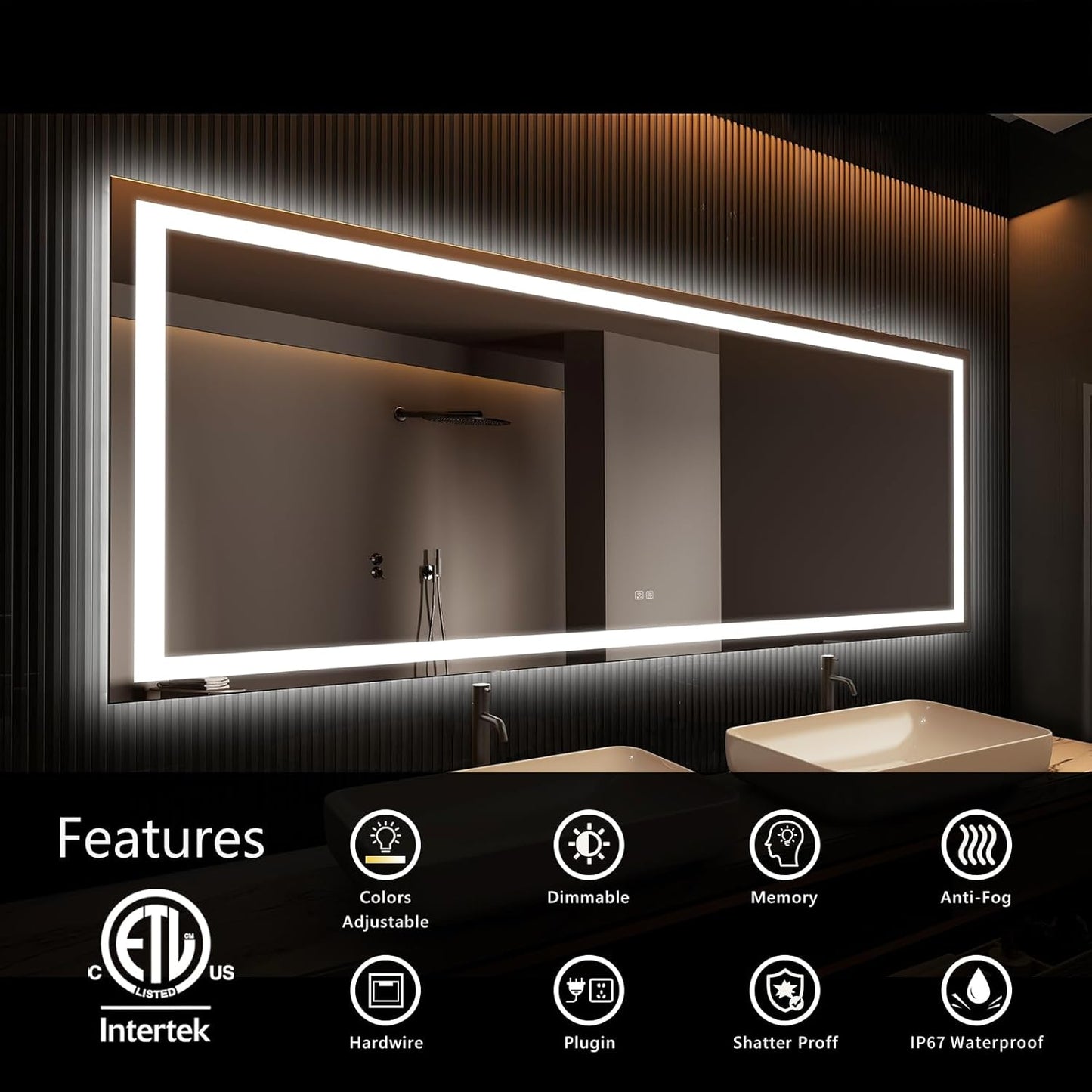 APRILSOUL 60x48 Inch LED Bathroom Mirror with Front and Backlit, Makeup Mirror with 3 Color Lights, Memory Function, Anti-Fog and Dimmable Light (Horizontal)