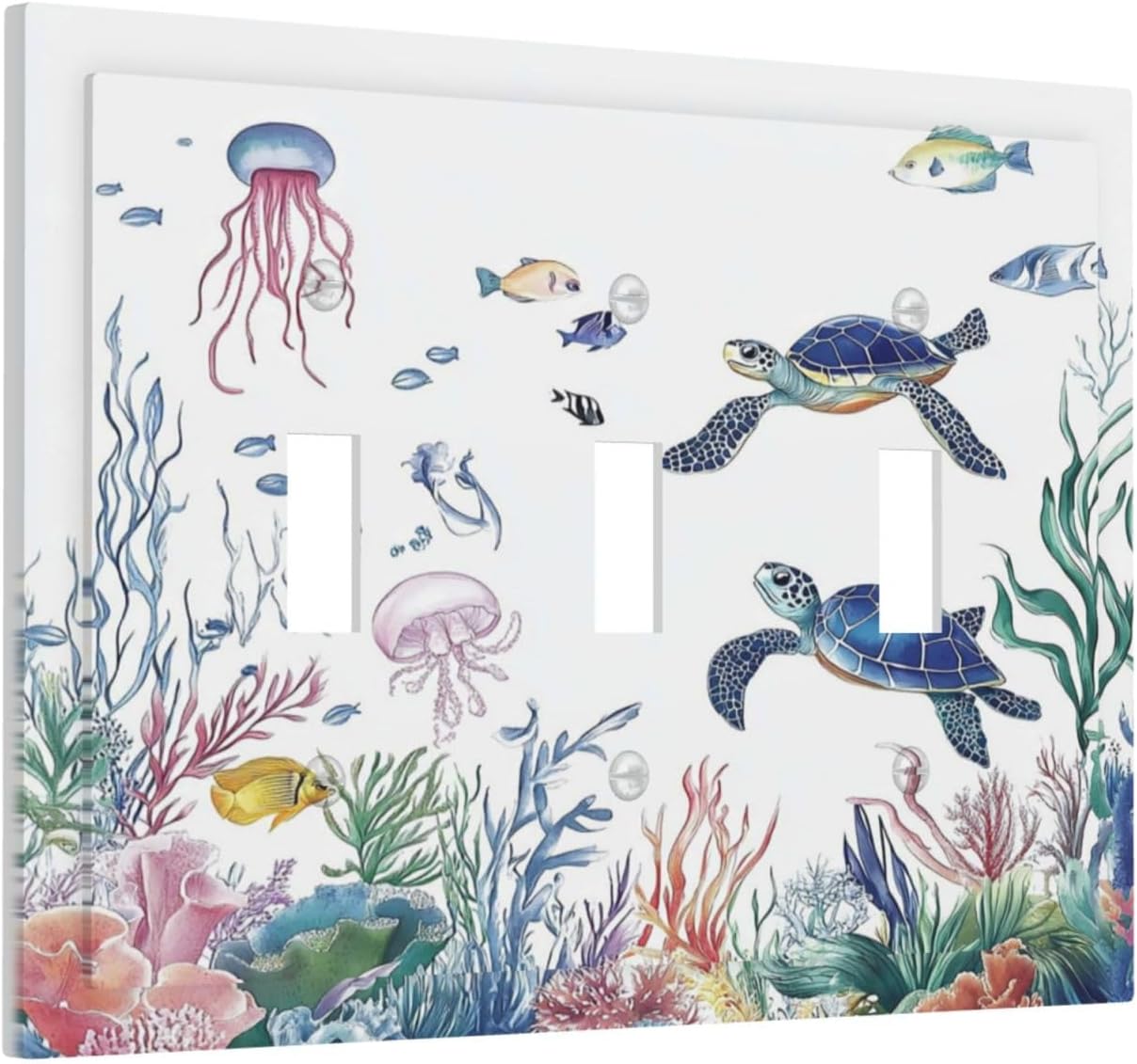 Blue Sea Turtle Ocean Fish Octopus Coral Decorative Switch Plates 3 Gang Wall Plate Triple Toggle Light Switch Cover Faceplate Electrical Wall Panels For Bathroom Kids Room Decor