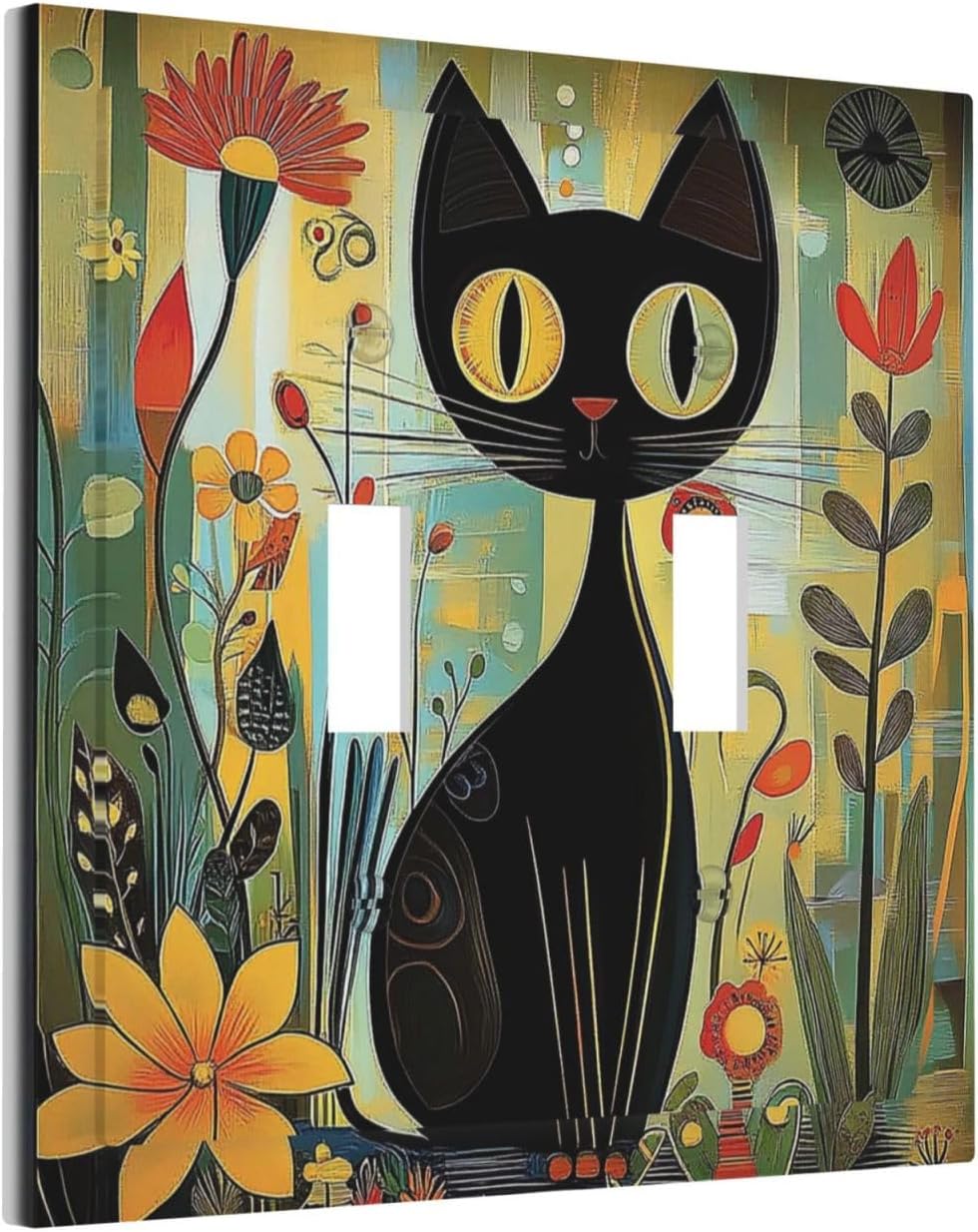 Funny Cat Retro Abstract Flowers Kitten Decorative Switch Plates 2 Gang Double Toggle Outlet Light Switch Cover Wall Plate Electrical Faceplate For Kids Room Bed Room Decor