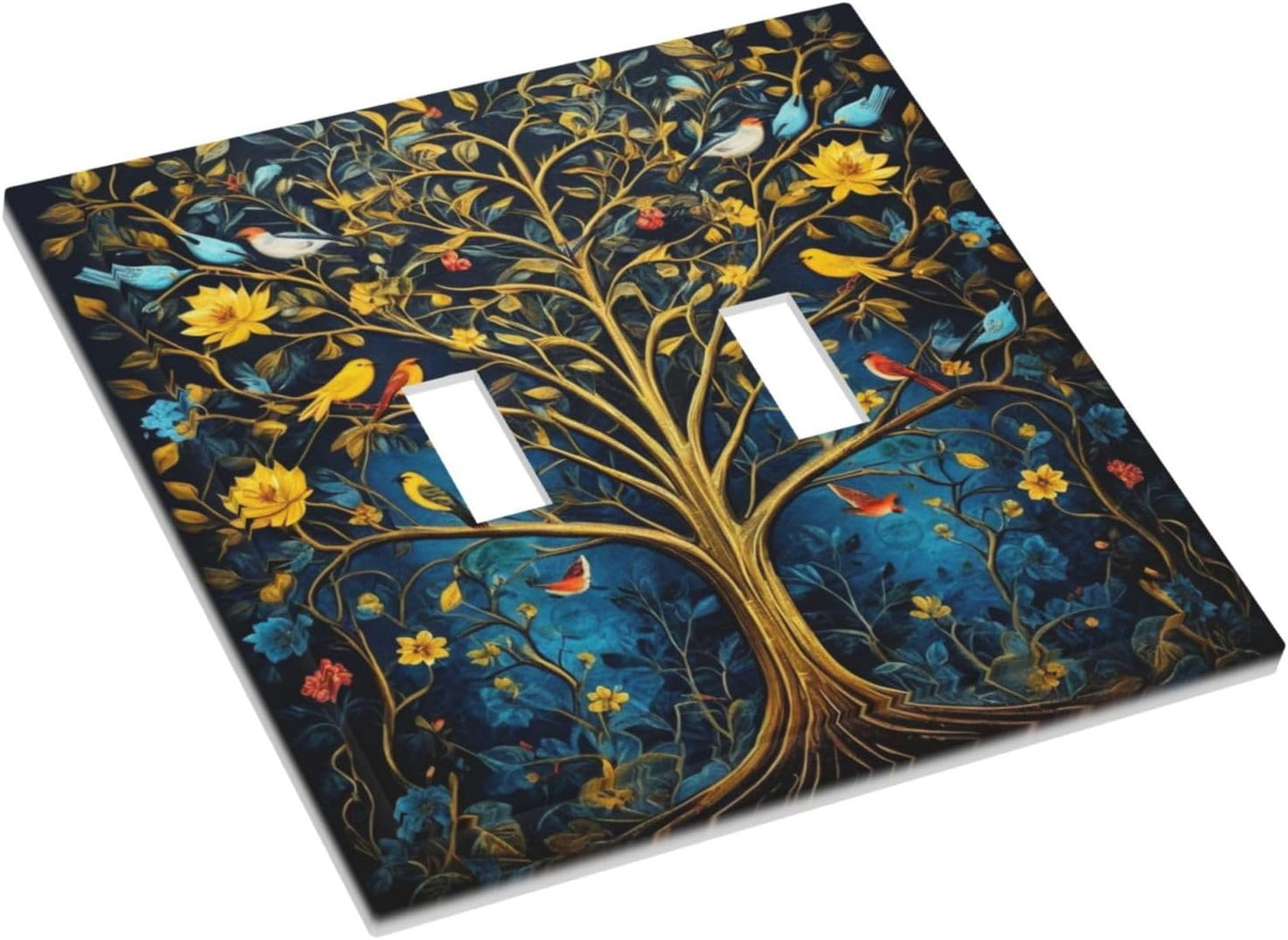 Gold Tree With Birds Flowers on Branches Light Switch Covers Double Toggle 2 Gang Wall Plate Dual Decorative Switchplate Electrical Faceplate for Farmhouse Decor