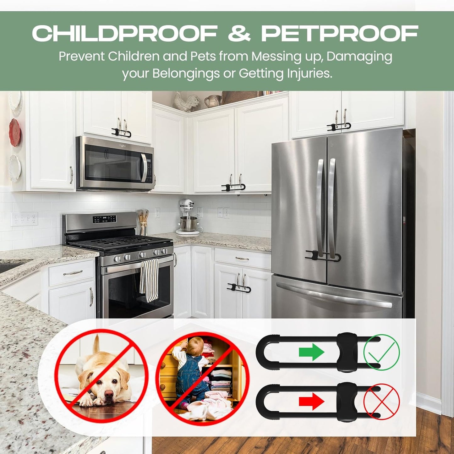 Jetec 10 Pieces Cabinet Locks for Babies, U-Shaped Proofing Drawers Safety Child Locks Adjustable, Easy to Use Childproof Latch for Knob Handle on Kitchen Door Storage Cupboard Closet (White, Black)