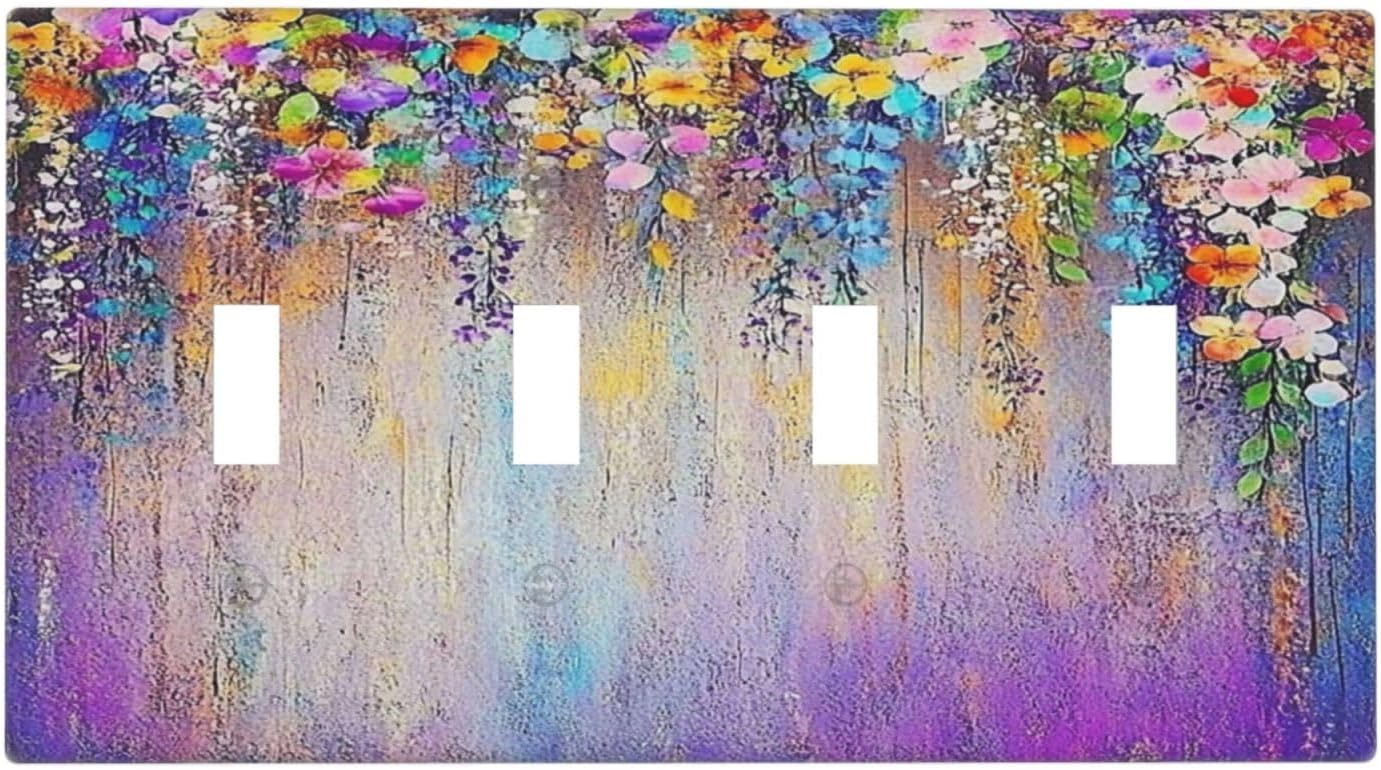 Colorful Country Flower Wildflower Floral Light Switch Covers Quad Toggle Electrical Faceplate 4 Gang Wall Plate Decorative Switch Plates For Bed Room Living Room Decor