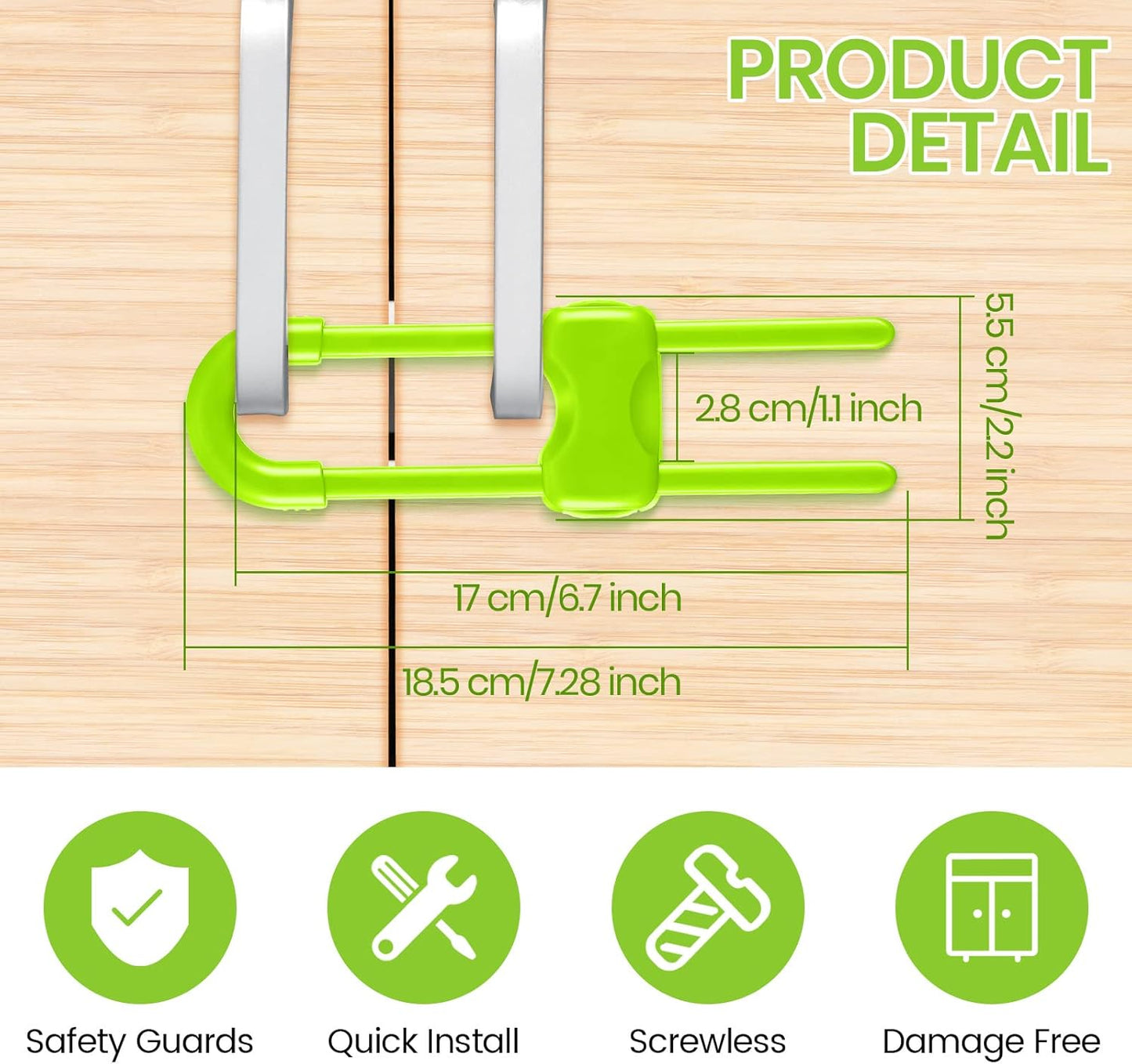 Jetec 10 Pieces Cabinet Locks for Babies, U-Shaped Proofing Drawers Safety Child Locks Adjustable, Easy to Use Childproof Latch for Knob Handle on Kitchen Door Storage Cupboard Closet (Green)