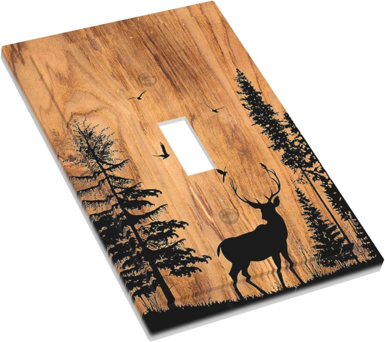 Decorative Light Switch Cover Rustic Farmhouse Orange Brown Pine Tree Deer Wood Grain 1 Gang Single Toggle Device Electrical Faceplate Switchplates Decorator Outlet Wall Plate for Bedroom