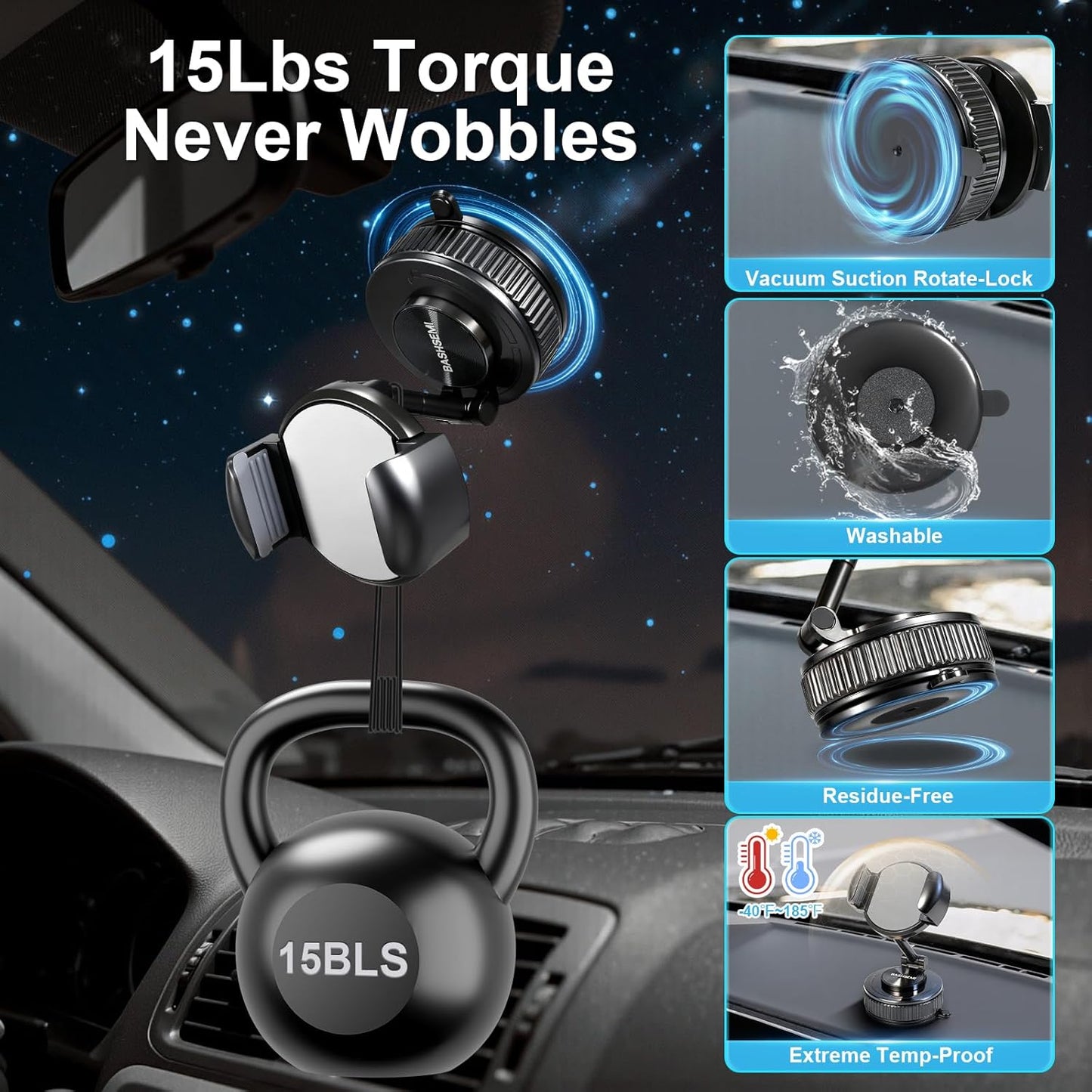 Windshield & Dashboard Rotate-Lock Phone Mount – 360° Rotate Folding Car Phone Holder with Strong Suction Base & Adjustable Arm for Smartphone