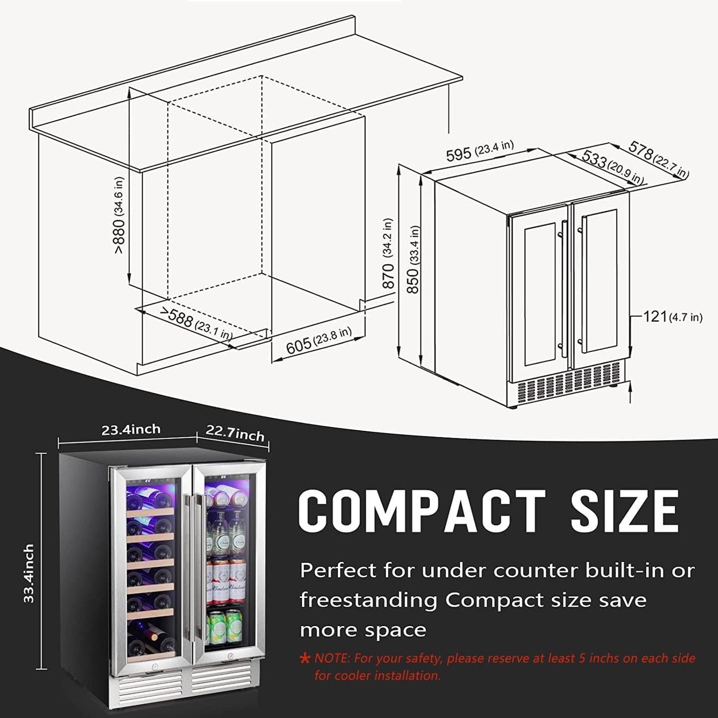 Antarctic Star Wine and Beverage Refrigerator, 24 Inch Dual Zone Wine Cooler with Glass Door, Built in or Under Counter Wine Fridge with Blue LED Light,18 Bottles and 66 Cans Capacity Beverage Cooler