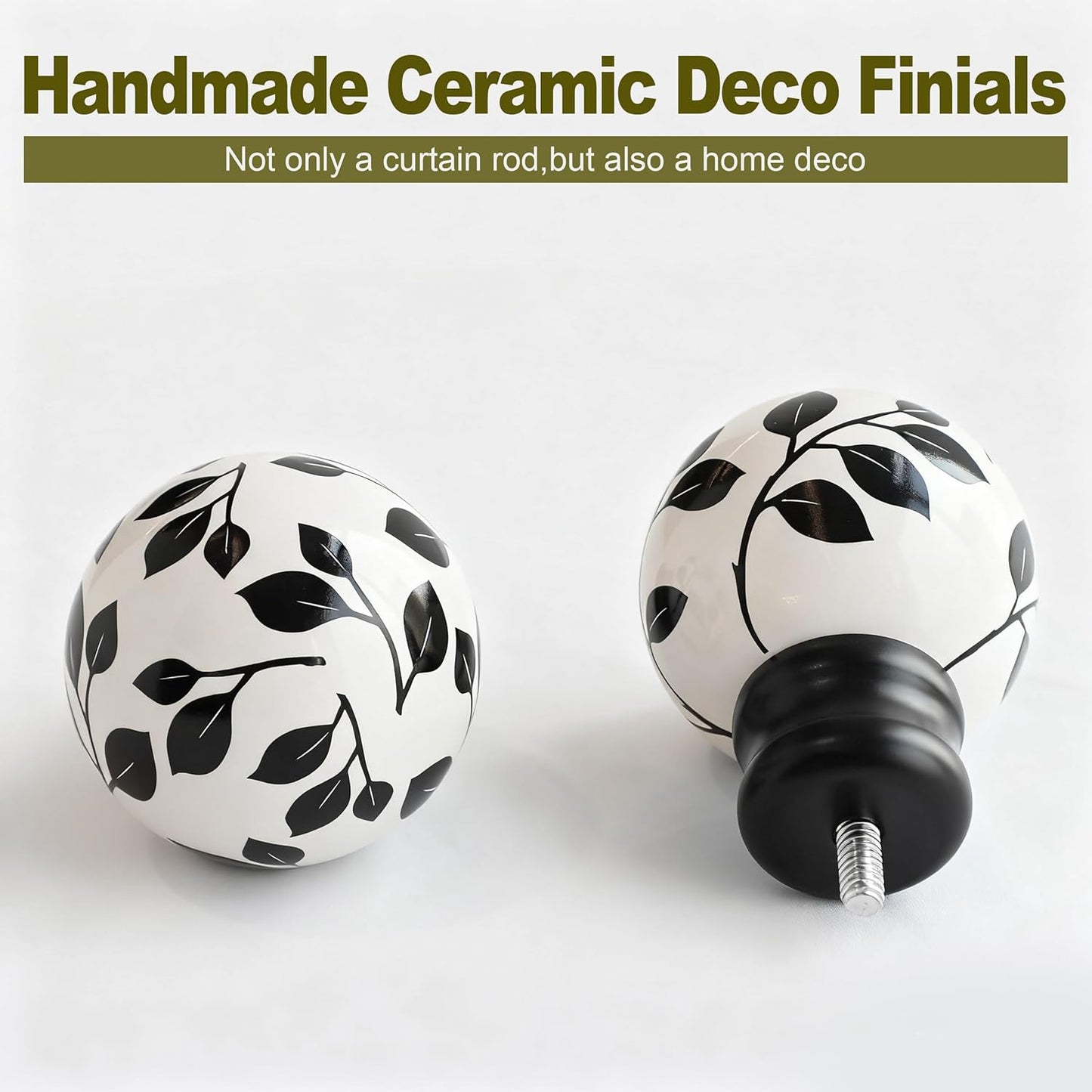 Ceramic Black Curtain Rods Set of 2 for Windows 72 to 144 Inches Adjustable Length Heavy Duty White Window Curtain Rod with Modern Leaf Pattern Decorative Finials for Bedroom Kitchen Living Room