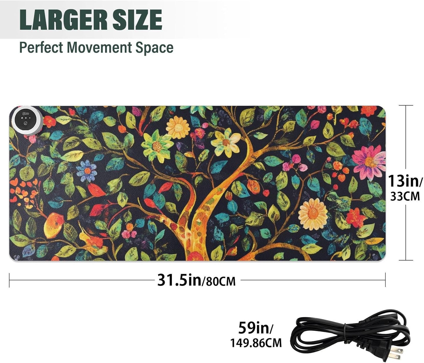 Heated Desk Pad Mouse Pad 31.5x13 Inch PU Leather Desk Mat with 3 Heat Levels Large Mouse Gaming Computer Laptop Mat Tree of Life Floral Leaves Black