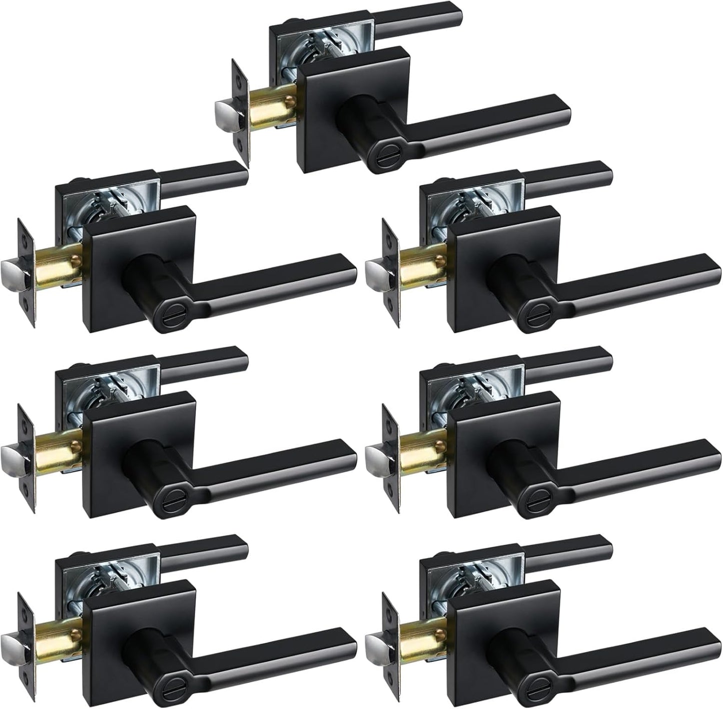 Privacy Door Lever, Heavy Duty Bathroom Bedroom Handle Lock, Keyless Interior Knobs, Matte Black, Reversible for Right&Left Handed, 7Packs