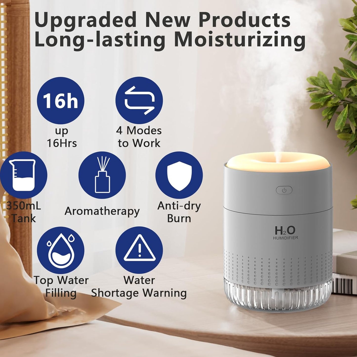 Colorful Mini Humidifier, USB Rechargeable Humidifier, small humidifier, 4 Modes Super Quiet, Humidifiers For Bedroom,Suitable For Travel Office Family Baby Bedroom-Grey