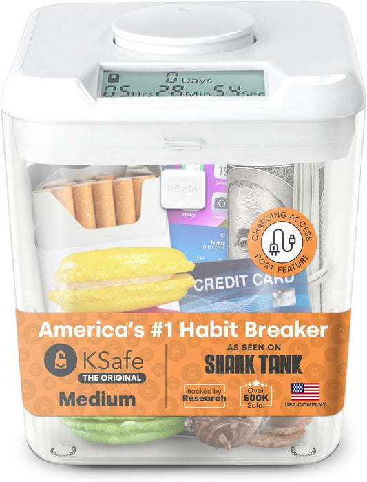 kSafe Time Locking Container Medium – Phone Lock Box, Snack Safe, Self-Control Timer Box, BPA-Free Plastic, No Overrides, 5.5” W x 5.5” H, White Lid, Clear Base