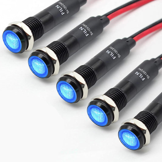 5Pcs 8MM (5/16'') Indicator Light 12V 24V Metal Pilot Lamp Lights Aluminum Black Anodized Waterproof ip67 Red Signal Lamp Light(12V-Black Anodized-Blue 5Pcs)