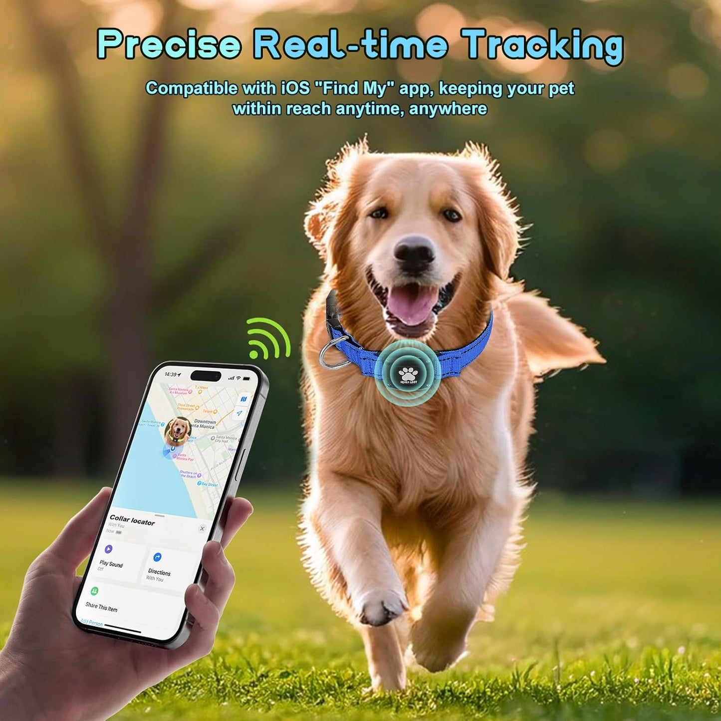 GPS Dog Collar Tracker 2-in-1,Reflective Waterproof Pet Collar,iOS-Only,No Monthly Fees,Unlimited Range,Ideal for Dog Tracking pet Tracker,for Small Medium Large Dogs(L (16.6"-24"), Blue)
