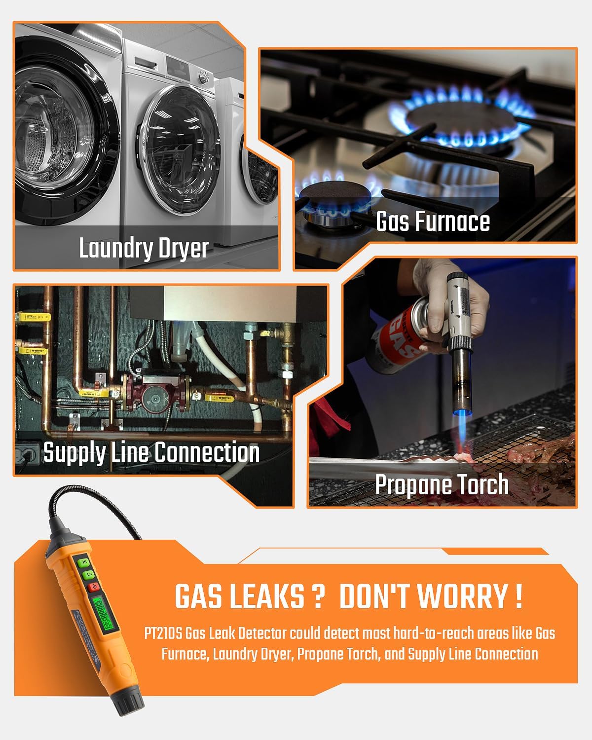 TopTes PT210S Gas Leak Detector, Natural Gas Detector with 4-inch Probe, Propane Leak Detector Locating Combustible Gases Like Natural Gas, Methane for Home, Measures%LEL (Incl. Batteries) - Orange