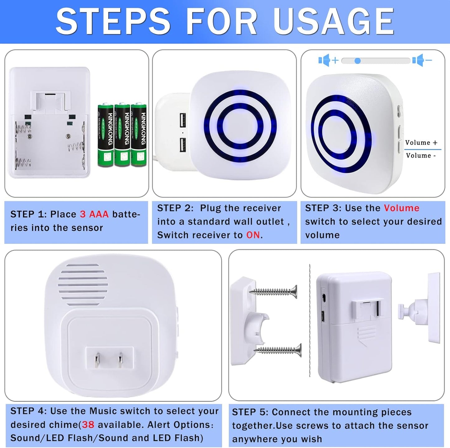 Motion Sensor Alarm,Wireless Driveway Alarm Indoor Home Security Business Detector Alert System -Monitor&Protect Property - 2 Receiver and 3 PIR Sensor-38 Chime Tunes