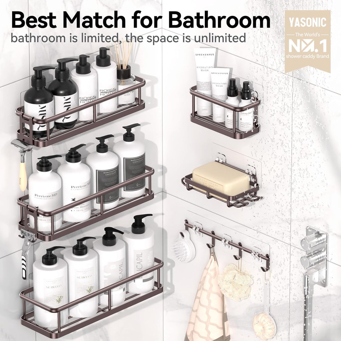 YASONIC Shower Caddy, 6 Pack Large Capacity shower Organizer with Soap Holder and 12 Hooks, Rustproof Shelves for Inside Shower, No Drilling&Sleek Bathroom Organizers and Storage Bronze