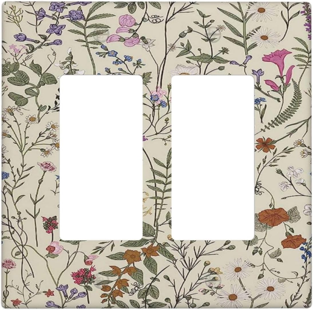 Decorative Outlet Covers Rustic Beige Wildflower Flowers 2 Gang Wall Plate Double Rocker Two Switch Wall Cover Plate Jumbo Dual GFCI Faceplate for Country Bedroom Home Decor