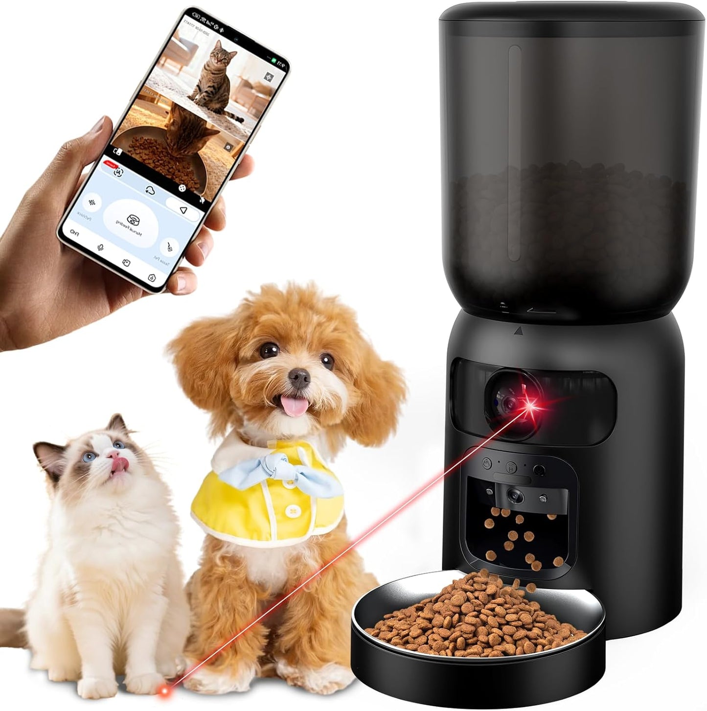 Automatic Cat Feeder with Dual Camera, 5G WiFi App Control: 5L Automatic Dog Food Storage Container with 2K HD Video and Laser Pet Toy, Dual Power Timed Smart Pet Food Dispenser for Cats&Dogs