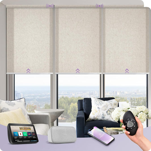 Graywind Motorized Light Filtering Shades Compatible with Alexa Google Rechargeable Remote Control Smart Blinds Automatic Window Shade with Valance for Home Office, Custom Size (Linen Beige)