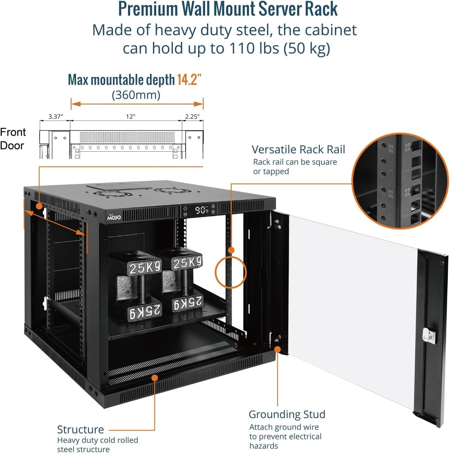 Tecmojo 9U Wall Mount Rack with Thermostat, 17.7inch Depth Enclosed Server Cabinet with 2 Cooling Fans,Lockable Door & Hardware,9U Rack for 19inch Equipments,Glass Door