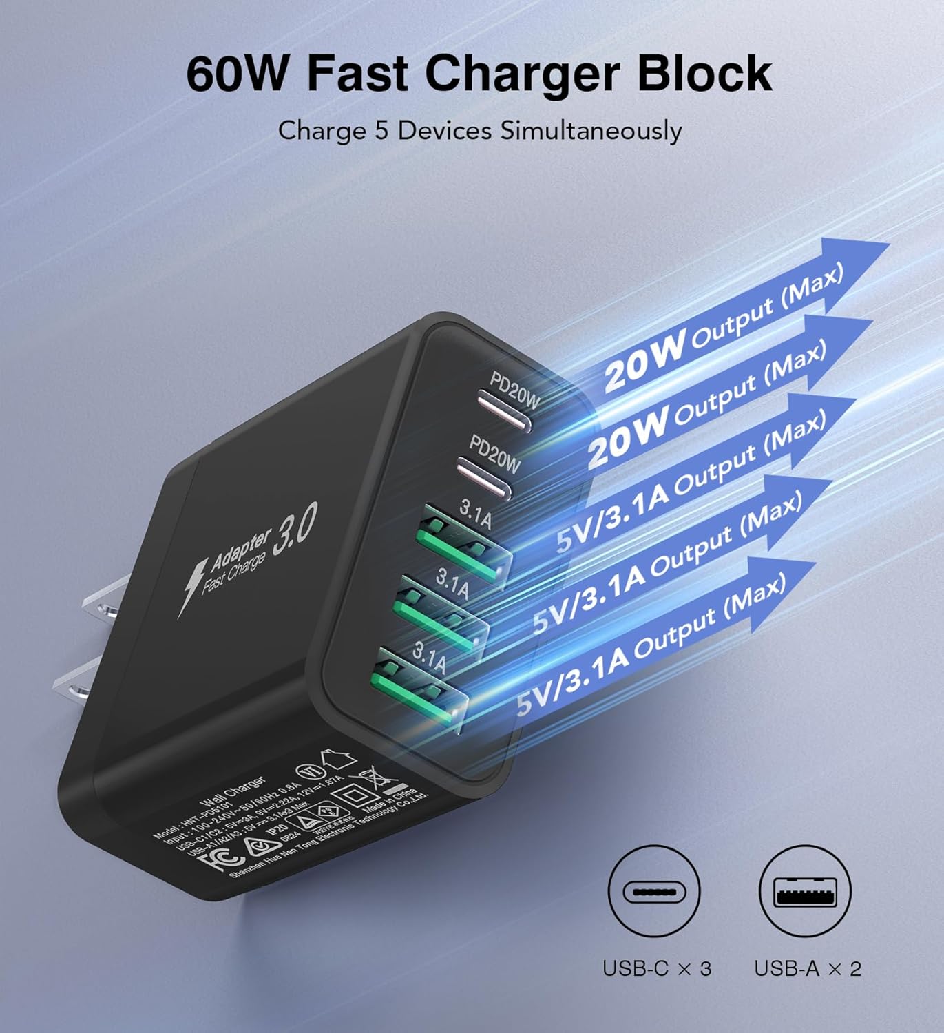 [2-Pack] USB C Wall Charger, 60W Fast USB C Charger Block, 5-Port PD Power Adapter + QC Wall Plug Multiport Type C Charging Block Cube Compatible with iPhone 17 16 15 14 13 12 Pro Max XR XS, Black