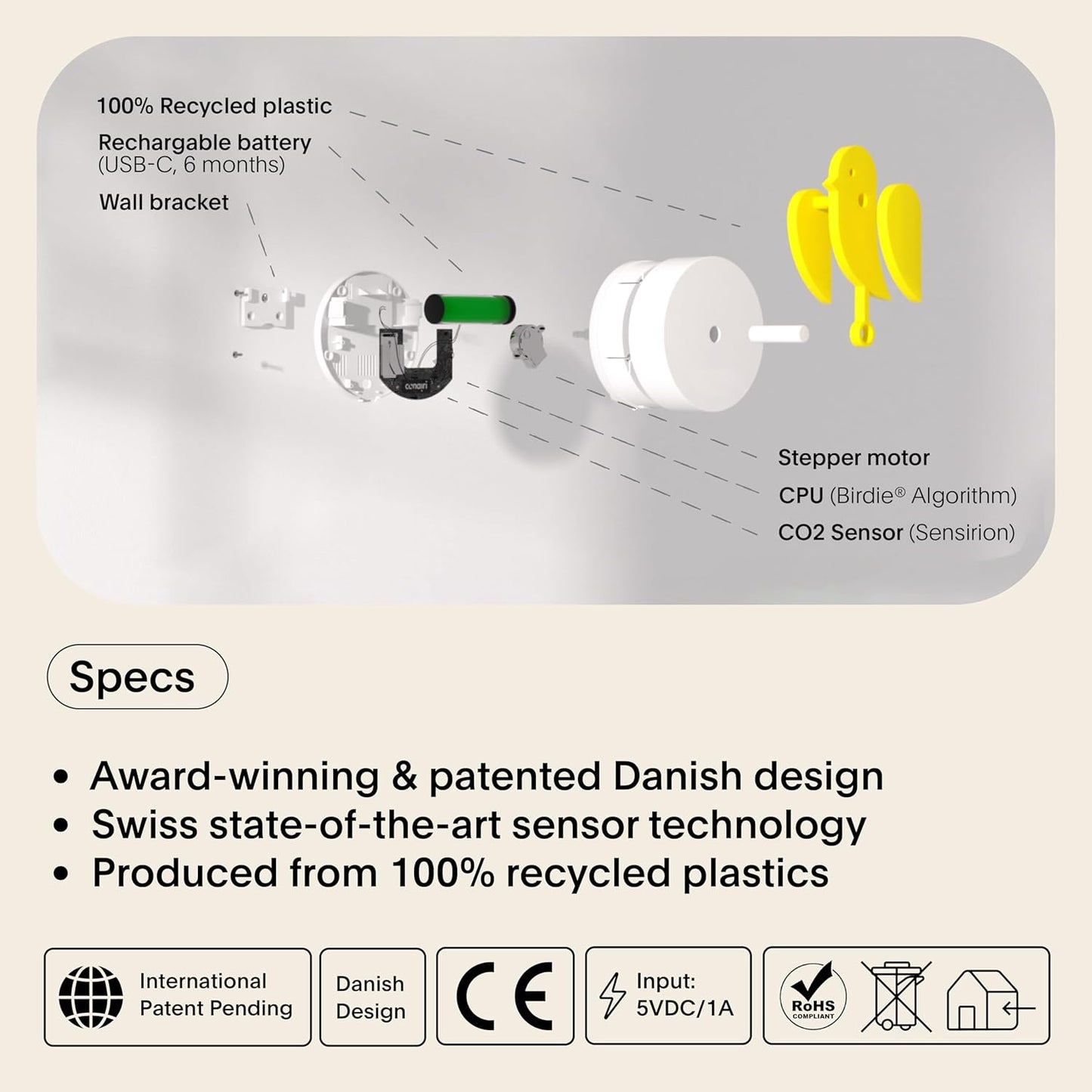 Birdie 2.0 - Design Indoor CO2 Monitor - Air Quality Meter for Home & Office - Promotes Mental & Physical Health - Modern Interior Decor - Reducing Health Risks with Clean Air (Yellow, FullBirdie)