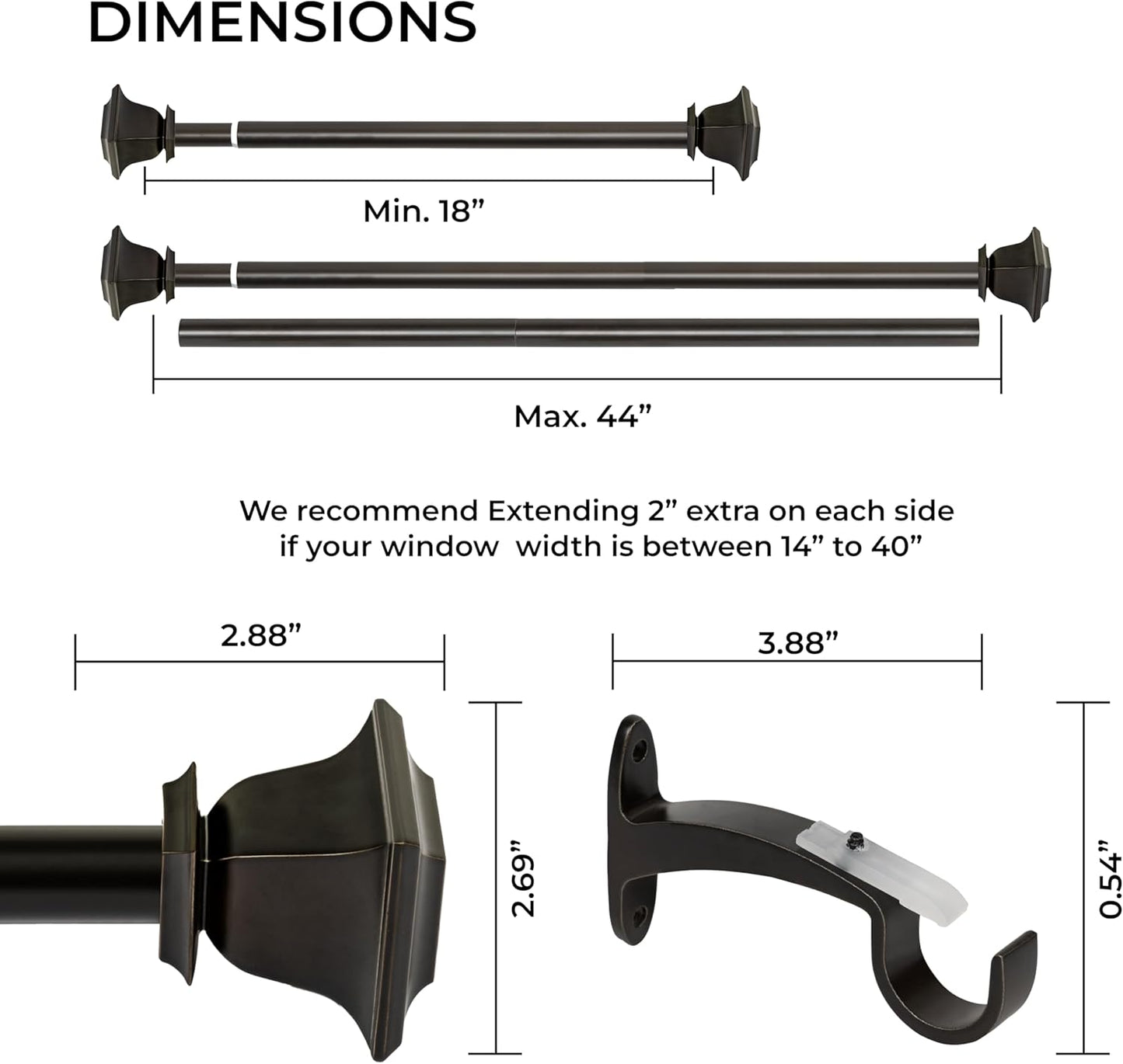 Deco Window Adjustable Curtain Rod for Windows 18 to 44 Inch (Pack of 1) Extendable Heavy Duty 1 Inch Iron Drapery Pole with Finials Wall Mounted French Door Curtain Rods (Bronze)