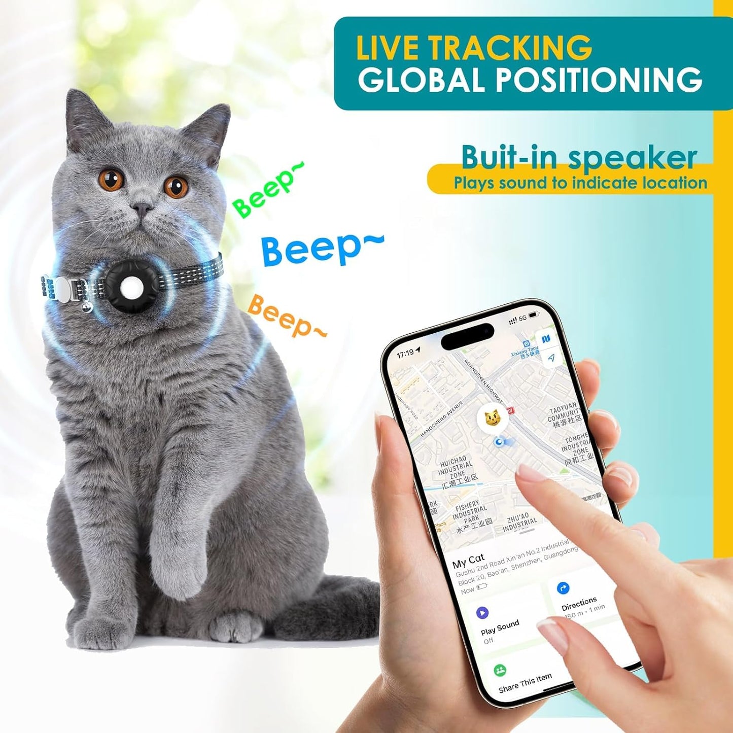 Cat Tracker, Cat Tracker Collar with Safety Elastic Buckle, Works with Any Collar,Compatible with Apple Find My App (Only iOS), No Monthly Fee, Waterproof, Black