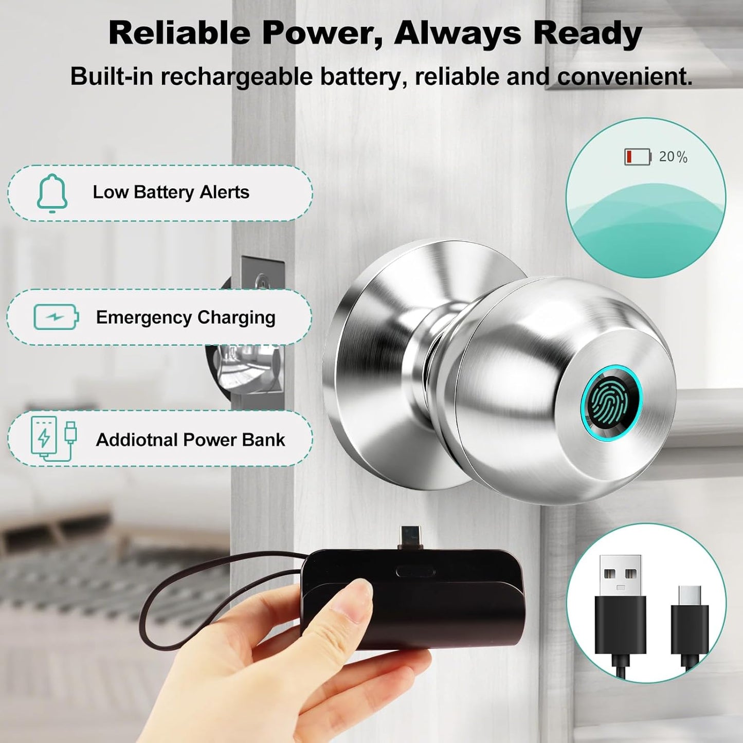 Fingerprint Door Lock, Smart Door Knob, Keyless Entry Door Lock with App Control, Thumbprint Door Knob with Extra Power Bank, Suitable for Home, Bedroom, Apartments, Office - Sliver