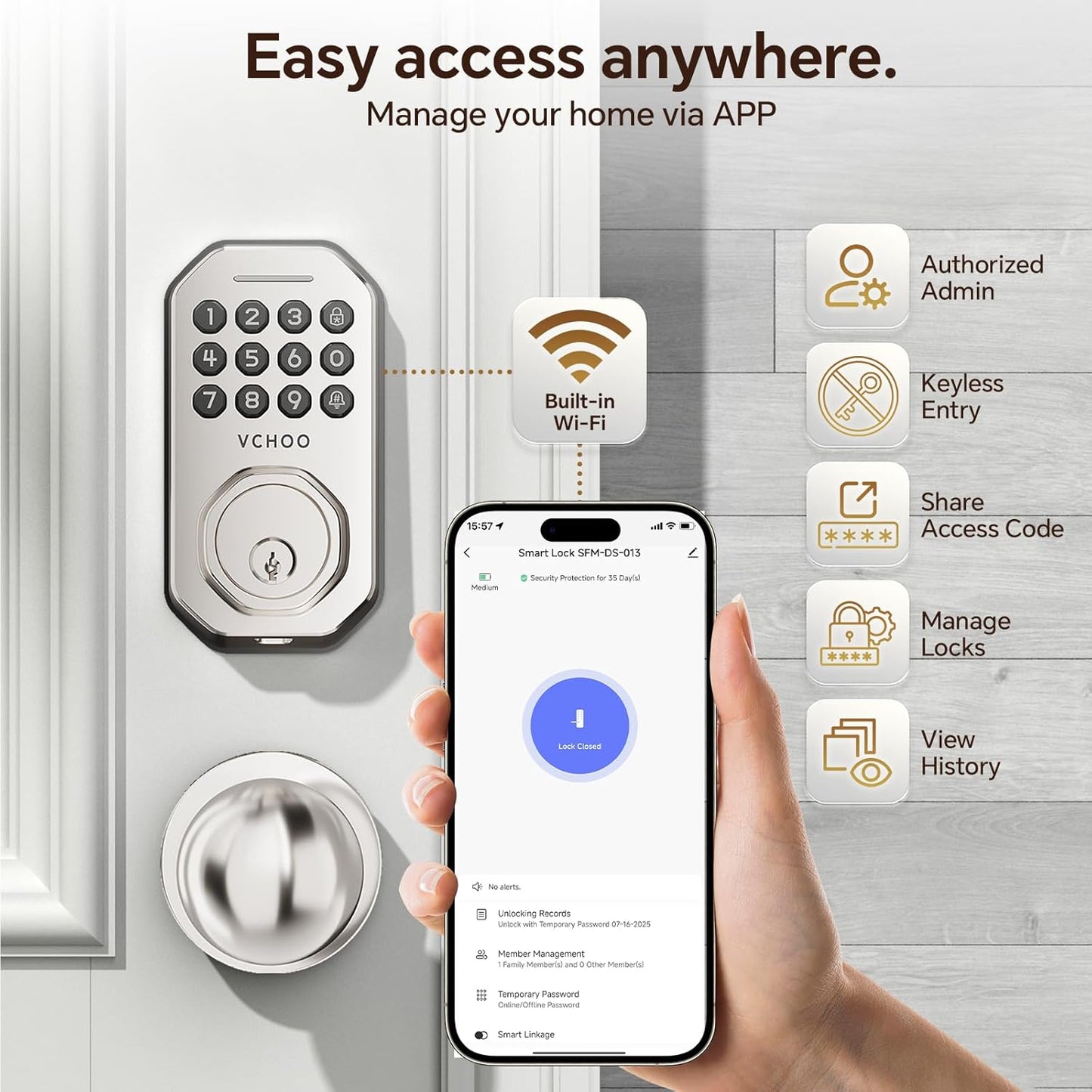 Keyless Entry Door Lock with 2 Knobs App Control Smart Locks for Front Door WiFi Door Lock Set Automatic Lock One Time Password Anti Peeping Password IP54, Satin Nickel