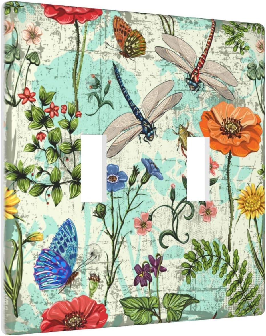 Dragonflies Flowers Butterfly 2 Gang Double Toggle Outlet Light Switch Cover Decorative Wall Plate Cover For Home Living Bedroom Kitchen Decorative