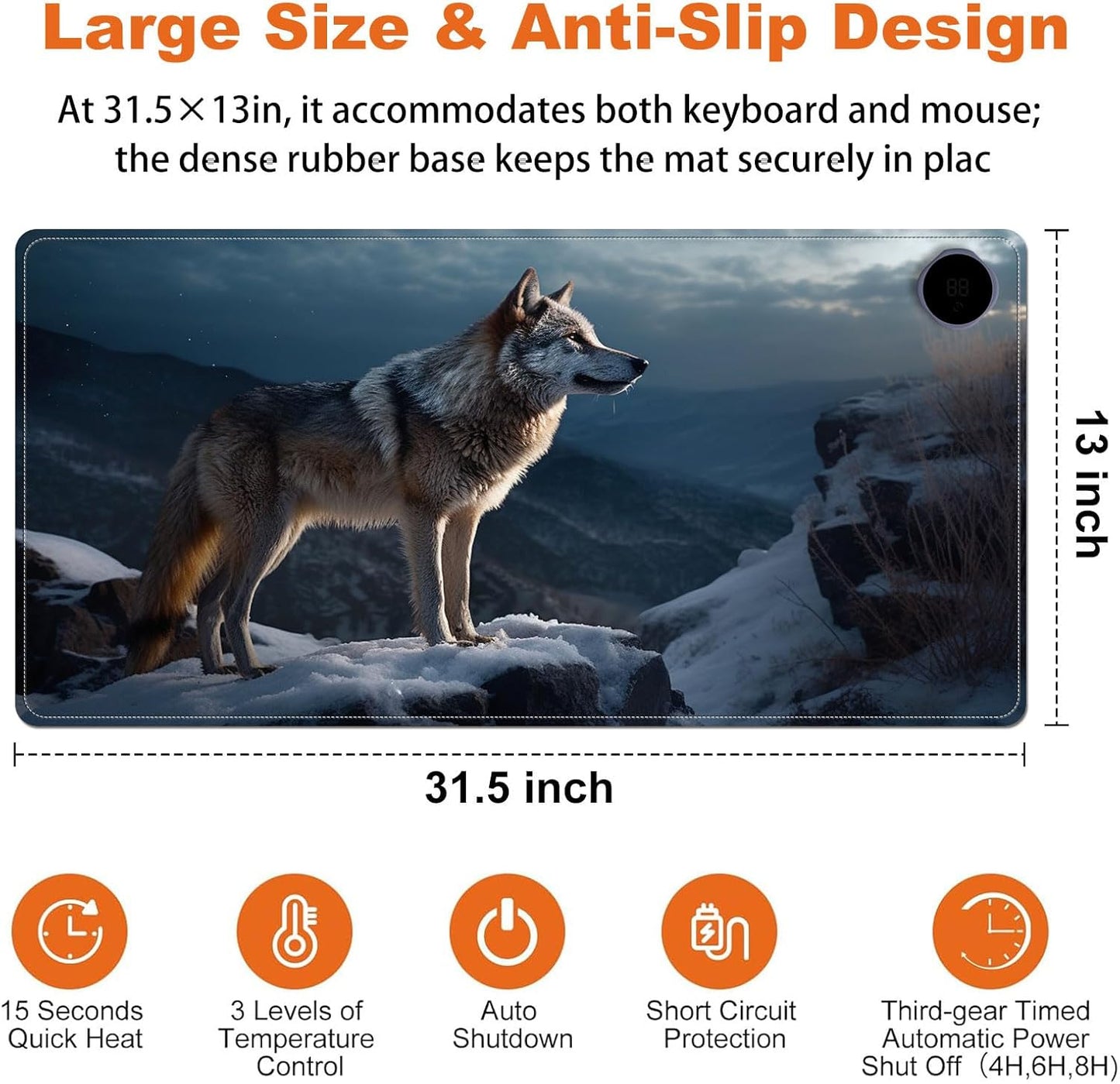 Heated Mouse Pad for Desk 31.5" x 13" – PU Leather Warm Desk Pad with 3 Heat Levels (104°F/113°F/122°F), Plug-in Electric Heating Mat with Auto Shut-Off, Waterproof & Rollable, Lone Wolf