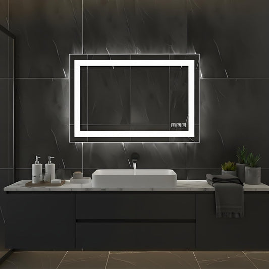 36 * 28inches LED Mirror, Smart Bathroom Mirror with Lights, Anti-Fog, Tempered Glass, 3 Colors Dimmable, Front and Backlit, CRI 90+, Wall Mounted, Memory