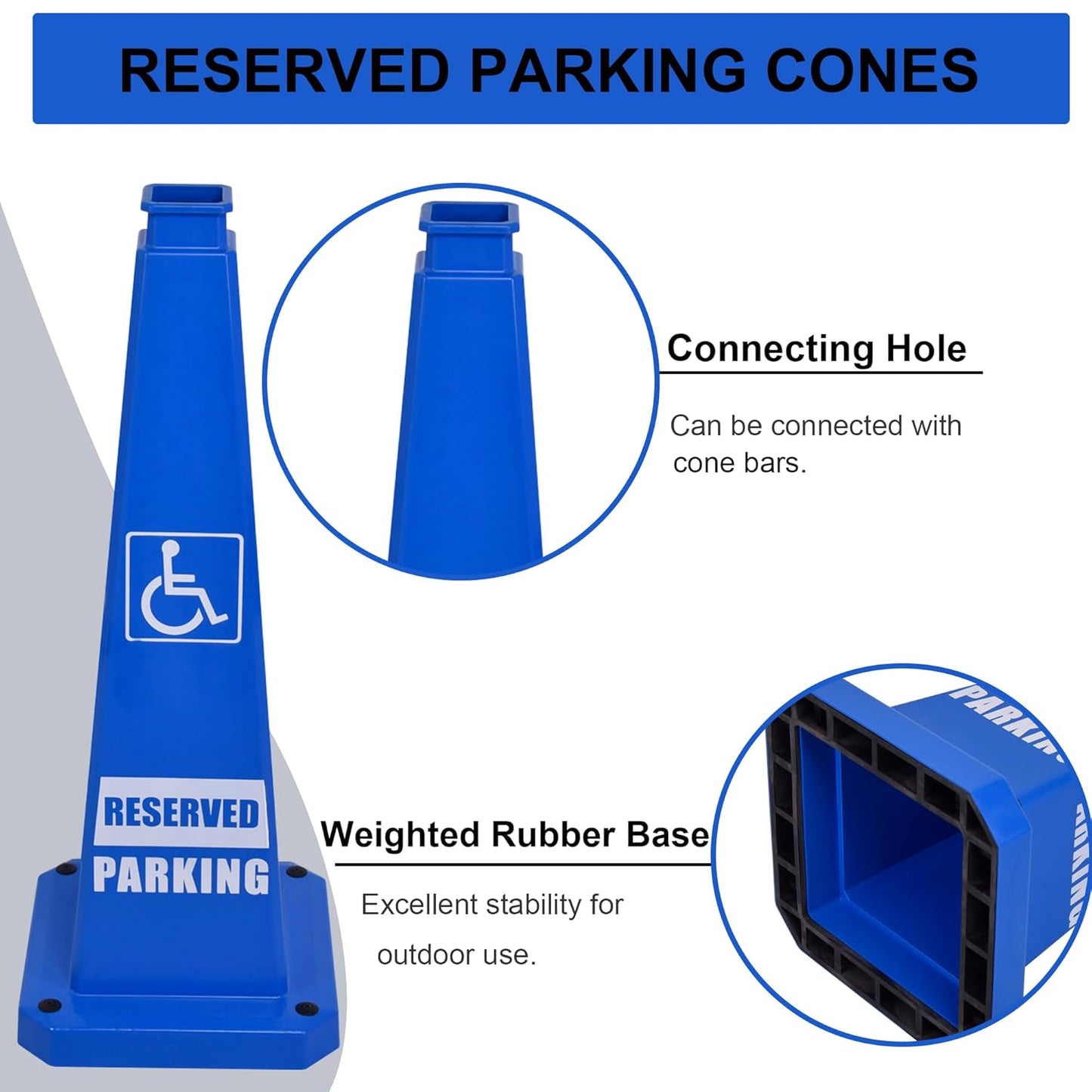 OrangeStar 6-Pack 28" Reserved Parking Cones, Large 4-Sided Message Safety Traffic Cones with Heavy Rubber Base for Indoor Outdoor Use, Parking Lot Control, Driveway Barriers, Blue