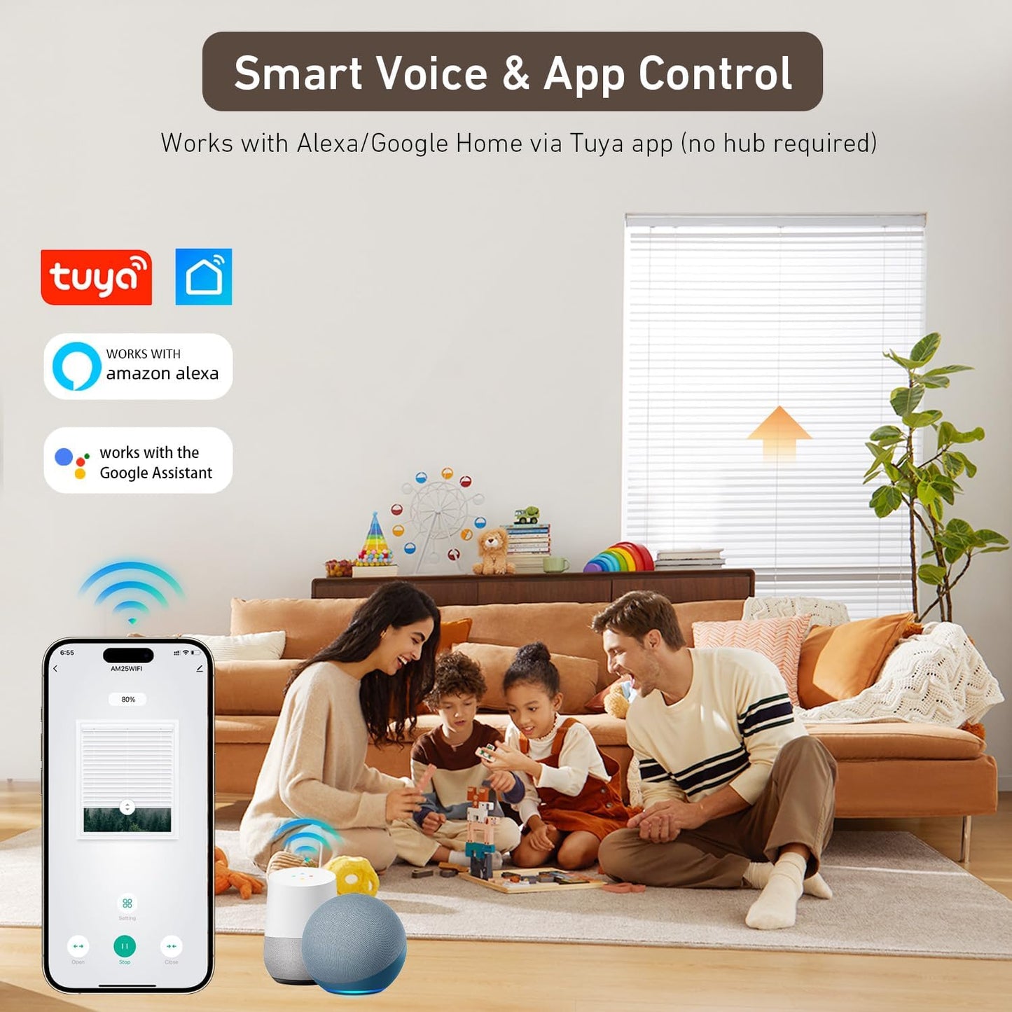 Rollerhouse AM25MEL Smart WiFi Blinds Motor for 1.5''/38mm Tubes - Tuya App Control, Alexa/Google Home, No Hub Needed - Works with Zebra/Roman/Roller Shades - 110-240V AC Plug-in, Ultra Quiet (30dB)